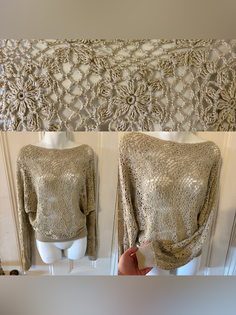 Vintage real crochet handmade sweater top cotton dolman sleeve small/medium